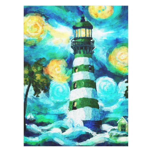 トロピカルライトハウス&パームツリーズグリーンブルーティール(緑がかった色) テーブルクロス (正面)