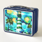 トロピカルライトハウス&パームツリーズグリーンブルーティール（緑がかった色） メタルランチボックス (裏面)