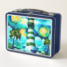 トロピカルライトハウス&パームツリーズグリーンブルーティール(緑がかった色) メタルランチボックス