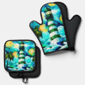 トロピカルライトハウス&パームツリーズグリーンブルーティール（緑がかった色） 鍋つかみ&鍋敷きセット (正面/裏面)