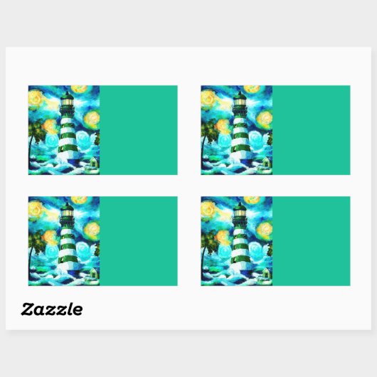 トロピカルライトハウス&パームツリーズグリーンブルーティール（緑がかった色） 長方形シール (シート)