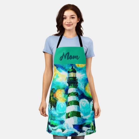 トロピカルライトハウス&パームツリーズパーソナライズされた エプロン (着用した状態)