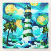 トロピカルライトハウス&パームツリーズ印象派 ガラスコースター (正面)
