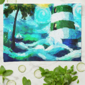 トロピカルライトハウス&パームツリーズ印象派 キッチンタオル (折り畳み)