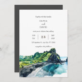 トロピカルリゾートの緑豊かな島の景色とビーチでのウェディング 招待状 (正面/裏面)