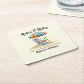 トロピカルリラックスカクテルビーチ椅子とリタイア スクエアペーパーコースター (アングル)