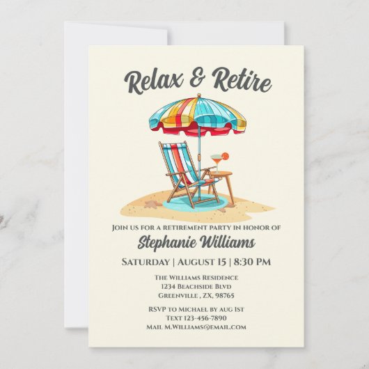 トロピカルリラックスカクテルビーチ椅子とリタイア 招待状 (正面)