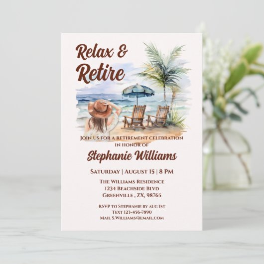 トロピカルリラックスビーチの女性の退職と退職 招待状 (スタンド正面)