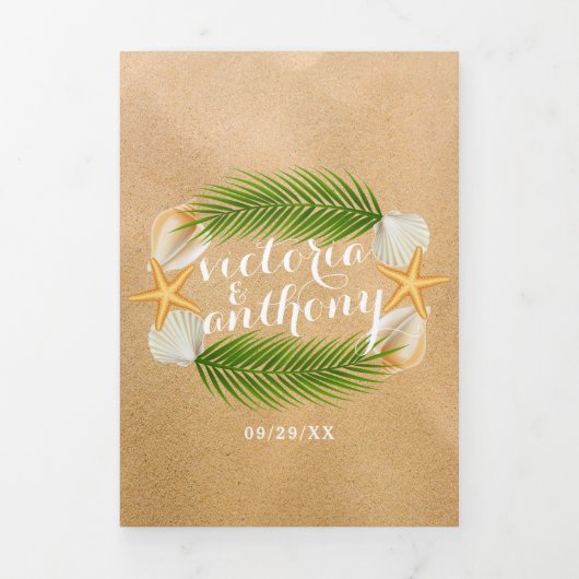 トロピカルリースサンディビーチ結婚式スイート 三つ折り招待状 (カバー)