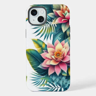 トロピカルリーフとフラワーのスマホケース iPhone 15 PLUSケース