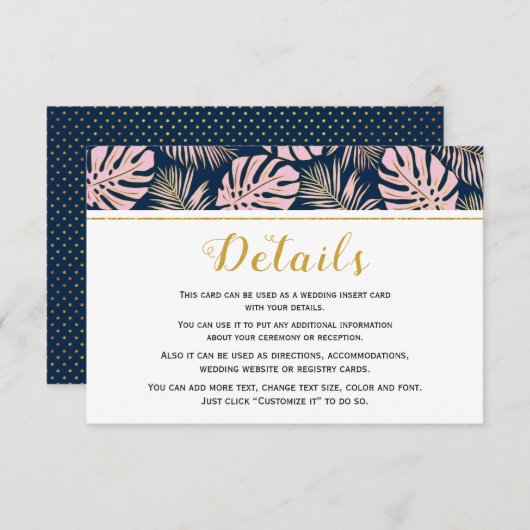 トロピカルリーフのピンクとネイビーのウェディング エンクロージャーカード (正面/裏面)