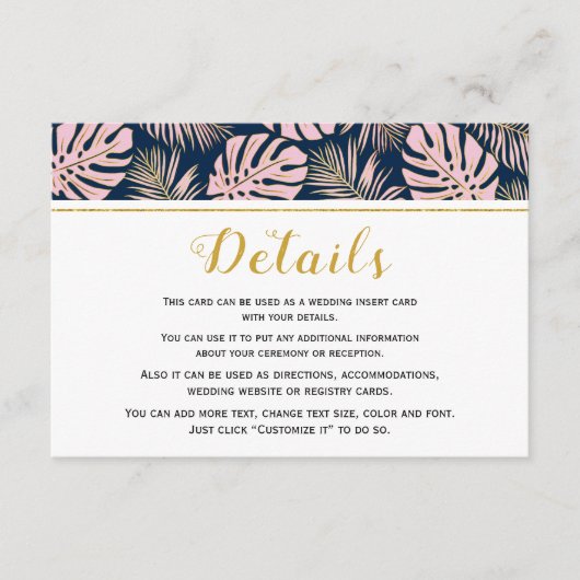 トロピカルリーフのピンクとネイビーのウェディング エンクロージャーカード (正面)