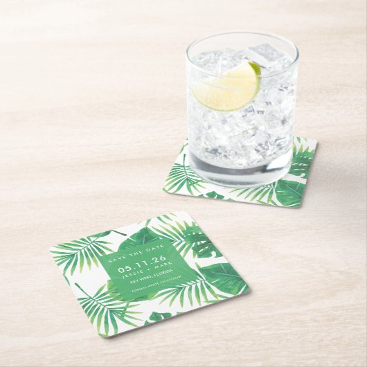 トロピカルリーフウェディング開催日を保存 スクエアペーパーコースター (インサイチュ)
