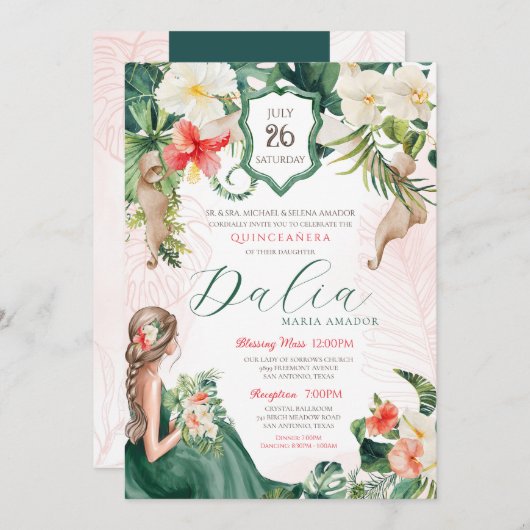 トロピカルリーフエメラルドグリーンフローラキンセアニェラ 招待状 (正面/裏面)