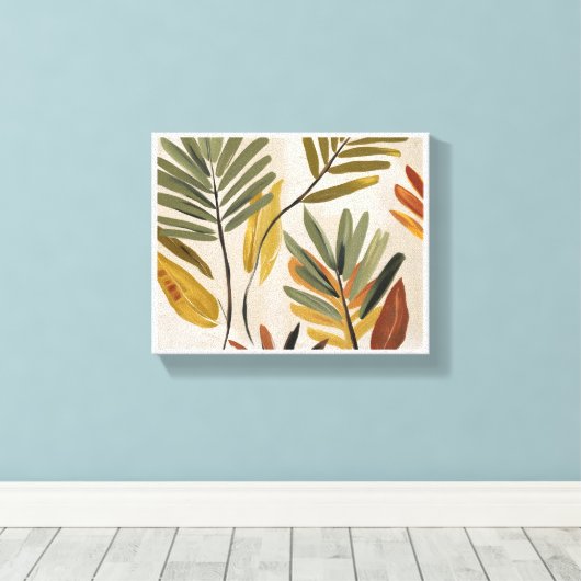 トロピカルリーフエレガントアート – ミニマリスト植物学 キャンバスプリント (インサイチュ (ウッドフロア))