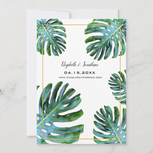 トロピカルリーフエレガントスクリプトブライダルシャワー 招待状 (裏面)