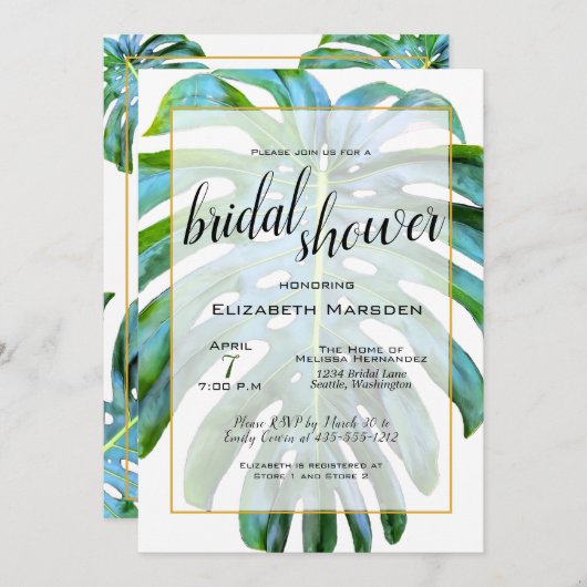 トロピカルリーフエレガントスクリプトブライダルシャワー 招待状 (正面/裏面)