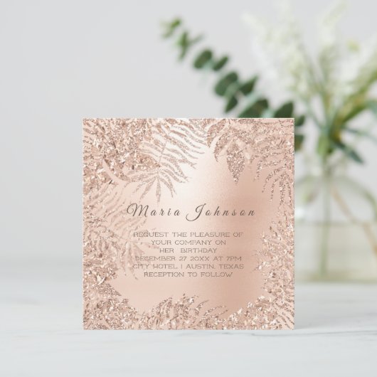 トロピカルリーフグリッターガーデンピンクローズ金ゴールド 招待状 (スタンド正面)