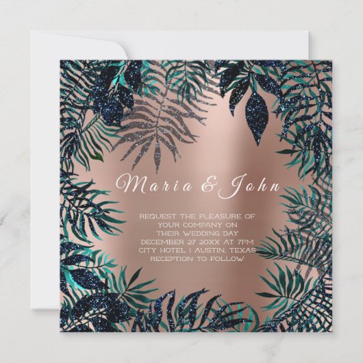 トロピカルリーフグリッターガーデンブルーネイビーティール（緑がかった色）赤面 招待状 (正面)