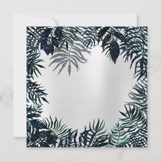 トロピカルリーフグリッターガーデン花模様ティール（緑がかった色）グレイ 招待状 (裏面)