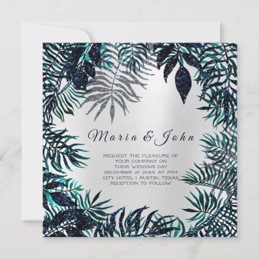 トロピカルリーフグリッターガーデン花模様ティール（緑がかった色）グレイ 招待状 (正面)