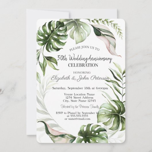 トロピカルリーフグリッター ドリップ ウェディングアニバーサリー 招待状 (正面)