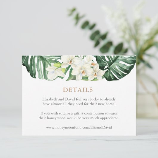 トロピカルリーフスウェディング詳細またはレジストリ エンクロージャーカード (スタンド正面)