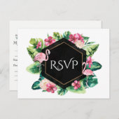 トロピカルリーフス ヒビスカス フラミンゴ ウェディング RSVP インビテーションポストカード (正面/裏面)