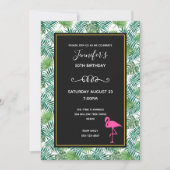 トロピカルリーフパターンとピンクのフラミンゴの誕生日 招待状 (正面)