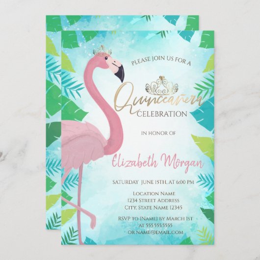 トロピカルリーフピンクフラミンゴサマーキンセアニラ 招待状 (正面/裏面)