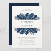 トロピカルリーフボタニカル金ゴールドネイビーブルー結婚ズ 招待状 (正面/裏面)