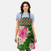 トロピカルリーフミックスプリントフラワー エプロン (着用した状態)