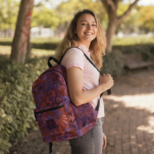 トロピカルリーフモダンレッドパープルモノグラムデザイン プリントバックパック