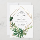 トロピカルリーフ ゴールドジオメトリックフレーム ウェディング 招待状 (正面)