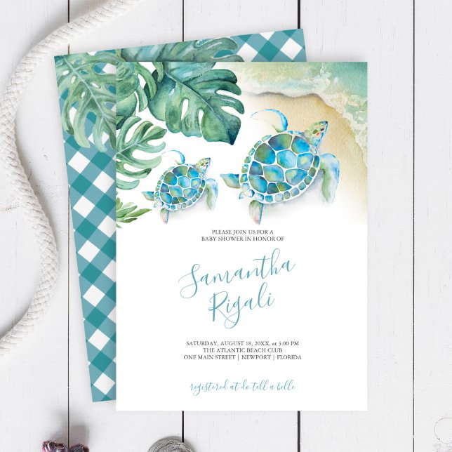 トロピカルリーフ シーサーライオン 男の子ベビーシャワー (Baby shower invitations tropical watercolor sea turtle, palm leaves and ocean with gingham print)