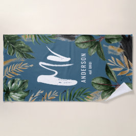 トロピカルリーフ＆タイポグラフィーブルーモダン氏 ビーチタオル