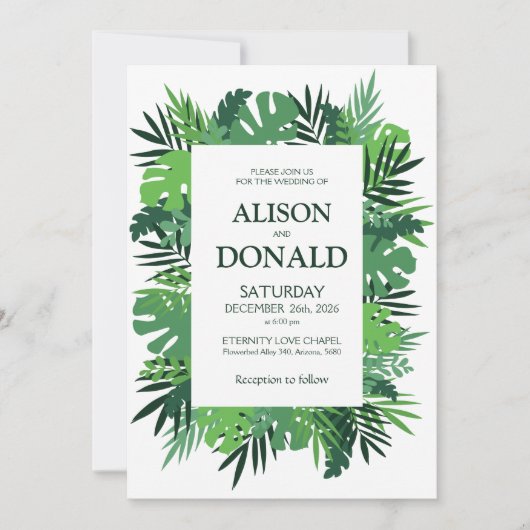 トロピカルリーフ パームの葉 花のウェディング 招待状 (正面)