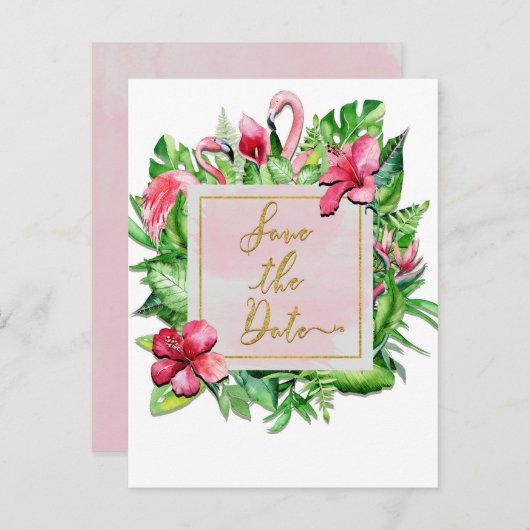 トロピカルリーフ フラミンゴ サマー セーブ・ザ・デート 案内ポストカード (正面/裏面)