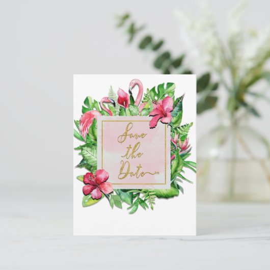 トロピカルリーフ フラミンゴ サマー セーブ・ザ・デート 案内ポストカード (スタンド正面)