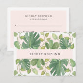 トロピカルリーフ | ブラッシュピンクとグリーン 返信食事選択 出欠カード (正面/裏面)