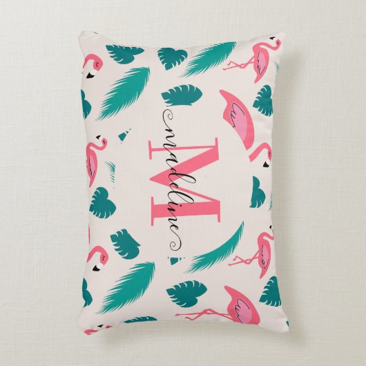 トロピカルリーフ ホットピンク フラミンゴ モダンモノグラム アクセントクッション (正面(垂直))