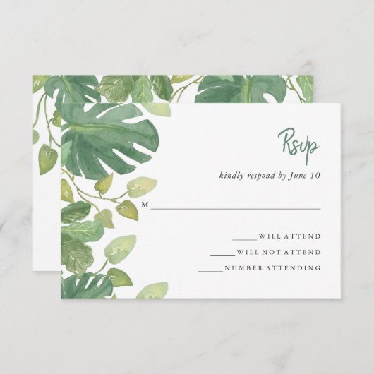 トロピカルリーフ | 緑と白の結婚式返信カード 出欠カード (正面/裏面)