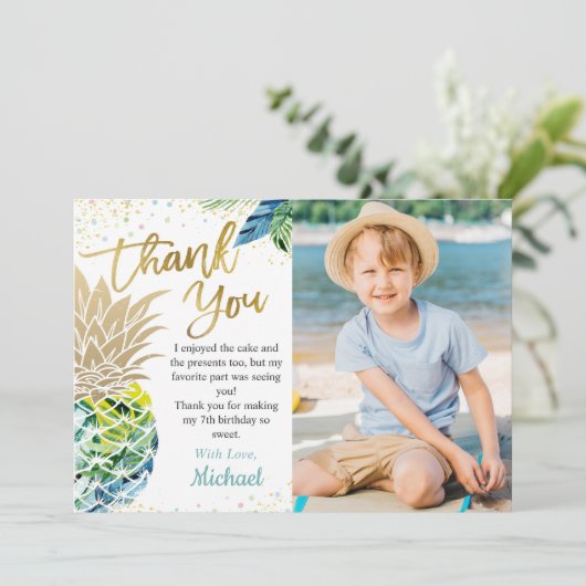 トロピカルルアウパーティー パイナップルビーチ 誕生日写真 サンキューカード (スタンド正面)