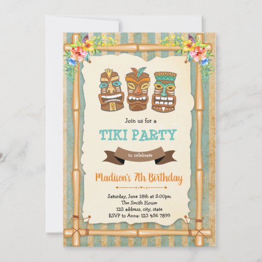 トロピカルルアウ ティキ 誕生日招待状 招待状 (正面)