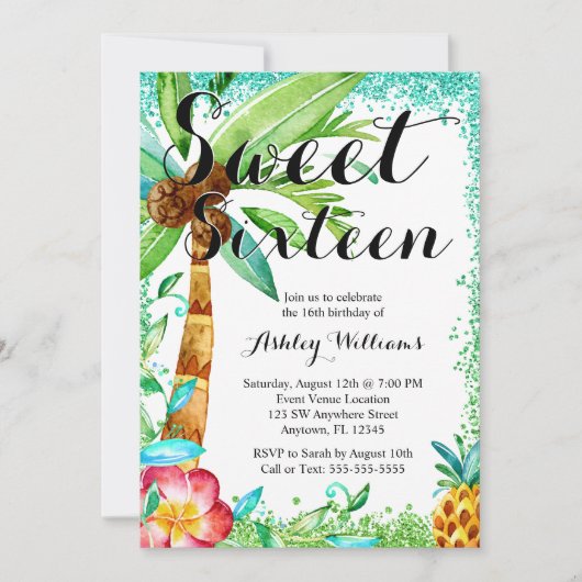 トロピカルルアウ（ハワイ式宴会）ウォーターフェイクカラーグリッタースイート16 招待状 (正面)