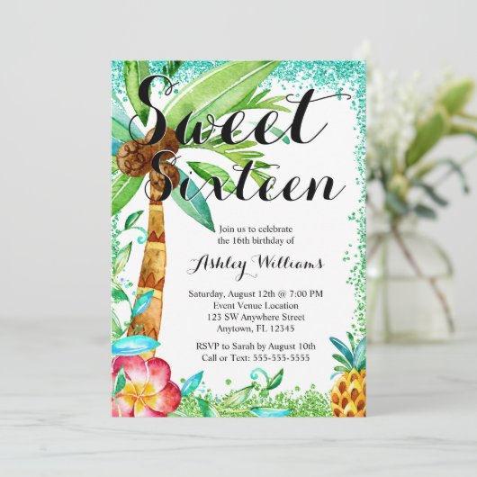 トロピカルルアウ（ハワイ式宴会）ウォーターフェイクカラーグリッタースイート16 招待状 (スタンド正面)