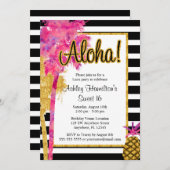 トロピカルルアウ(ハワイ式宴会)ストライプズスウィート16誕生日 招待状 (正面/裏面)