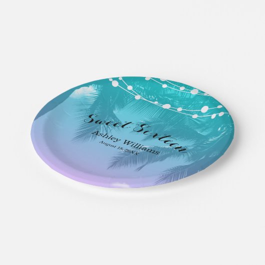 トロピカルルアウ（ハワイ式宴会）ティール（緑がかった色）ピンクスイート16バースデーパーティー ペーパープレート (アングル)