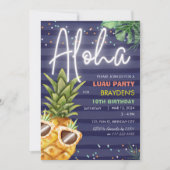トロピカルルアウ（ハワイ式宴会）パイナップルビーチボーイブルー誕生日 招待状 (正面)