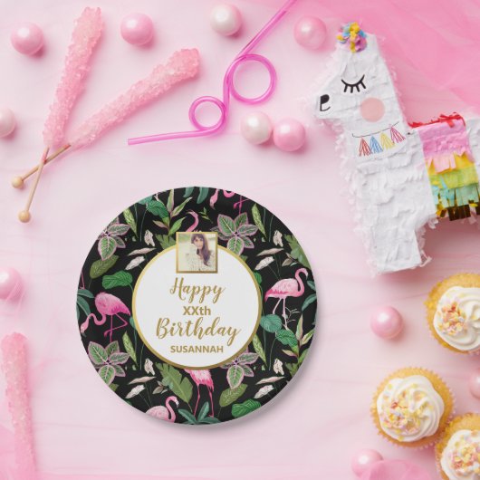 トロピカルルアウ（ハワイ式宴会）フラミンゴパ葉ームズ誕生日写真 ペーパープレート (パーティー)